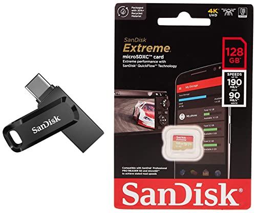 Image of SanDisk Extreme microSD UHS I Card 128GB for 4K Video on Smartphones,Action Cams 190MB /s Read,80MB /s Write & Ultra Dual Drive Go USB Type C Pendrive for Mobile (Black, 128 GB, 5Y - SDDDC3-128G-I35)