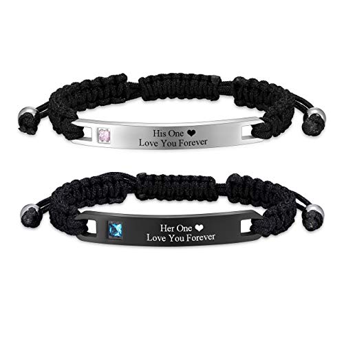 Jovivi Personalized Custom Stainless Steel Handmade Braided Rope Nameplate ID Bracelet His and Hers Matching Couples Bracelets Valentine's Gift for Lover (Couples Set 2)