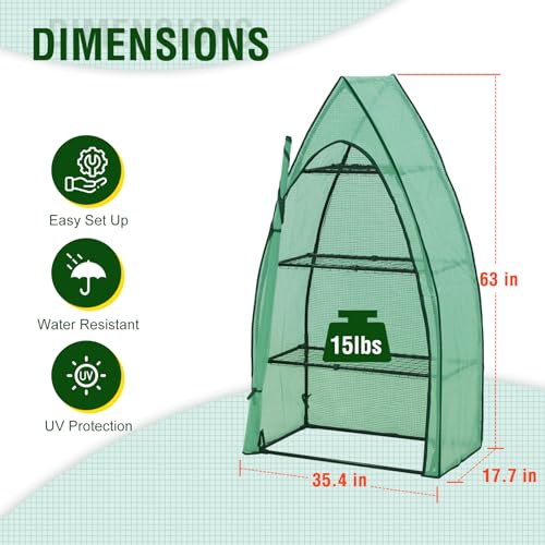 Image of EAGLE PEAK 4-Tier Mini Greenhouse Portable Green House with Shelves & Weather-Resistant PE Cover, Small Greenhouse for Seedlings & Gardening Gifts, 35x18x63 in, Clear /Green