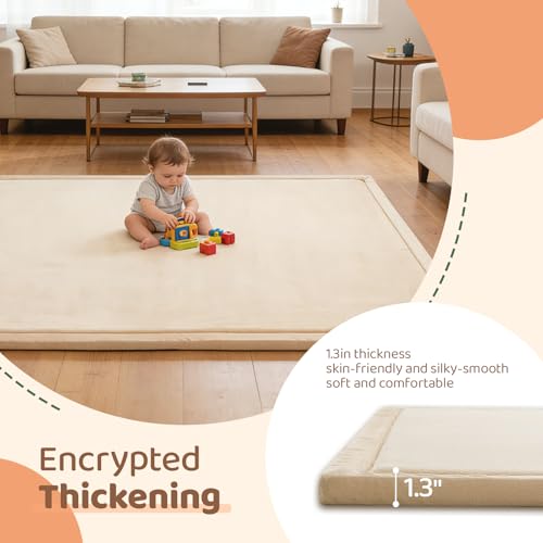 Image of Baby Play Mat for Floor, 1.3 Inch Thick Memory Foam Tummy Time Mat with Non Slip Backing, Soft Coral Velvet 50x50 Inch Playpen Mat Crawling Tatami for Infants Toddlers Kids, Beige