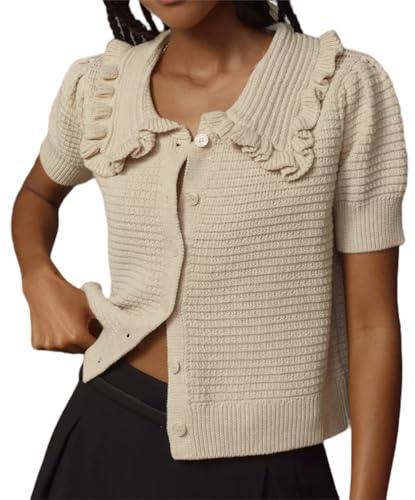 VAOYIU Women's Ruffle Collar Knit Cardigan Short Sleeve Button Down Sweater Top Vintage Cropped Ribbed Summer Outerwear