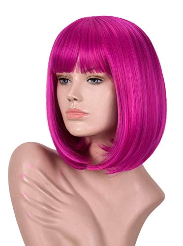 Hot Pink Wig For Women Short Bob Wigs With Bangs Synthetic Straight Colorful Wig For Cosplay, Halloween, Costume,Party + Free Wig Cap 13 Inch #TOP1