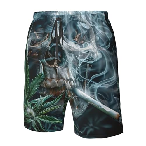 Skull Psychedelic Cannabis Leaf Marijuana Hippie Weed Men's Quick Dry Swim Shorts, Mesh Lined Beach Trunks with Pockets2