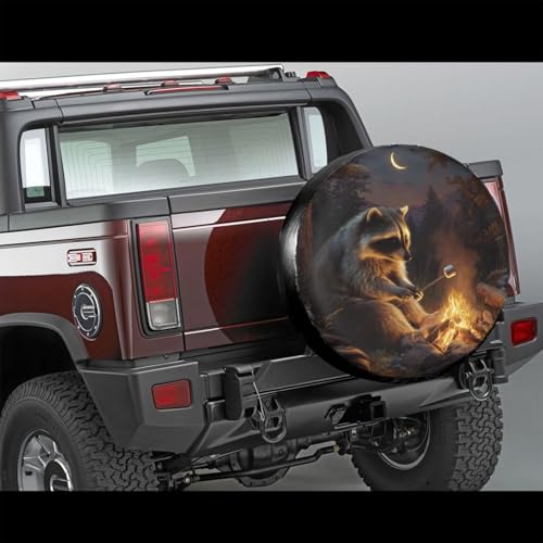 Image of Night Campfire Raccoon Spare Tire Cover for Rv SUV Truck Camper Trailer,Cute Animal Tire Cover Wheel Covers Universal Fit,15 inch