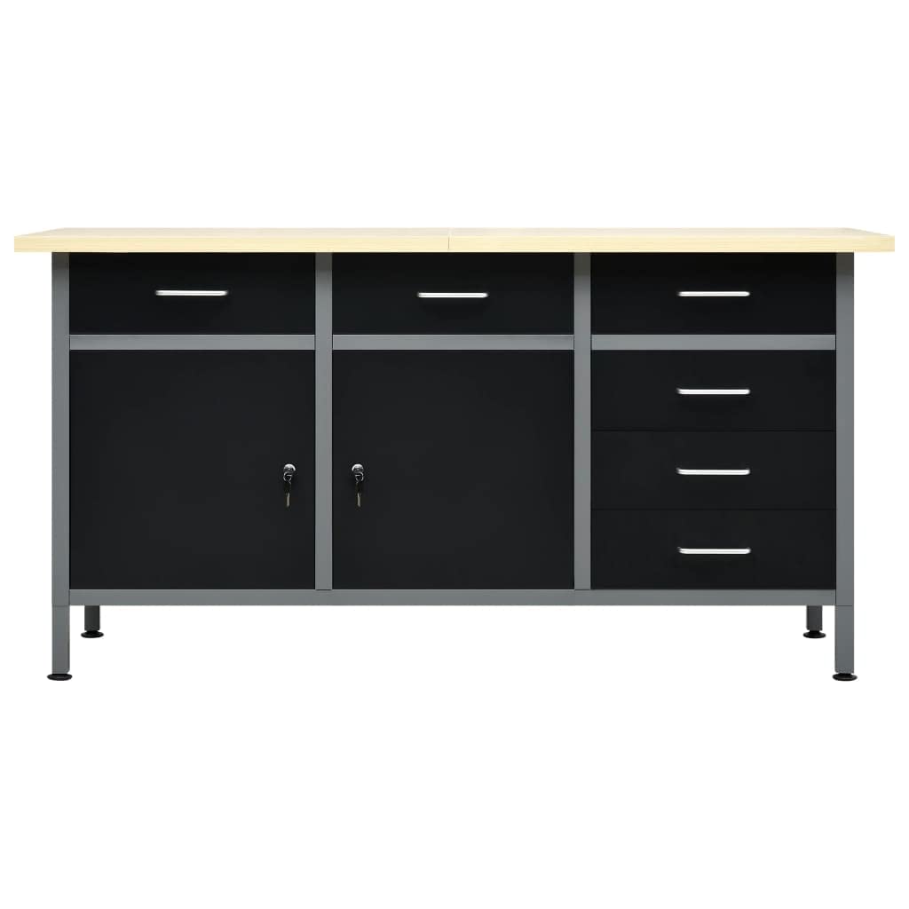 Robusto tavolo da lavoro nero, 160 x 60 x 85 cm, in acciaio, con 6 cassetti, portata 500 kg, armadi chiudibili e piedini regolabili in altezza, per officina e garage