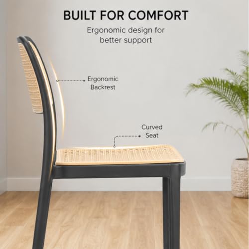 Image of NARSA Modern Rattan Style Dining Chair for Home & Cafe | Cane Pattern Plastic Chair with Ergonomic Backrest | Lightweight & Durable Indoor Outdoor Seating Chair (Black, Armless, Set of 2)
