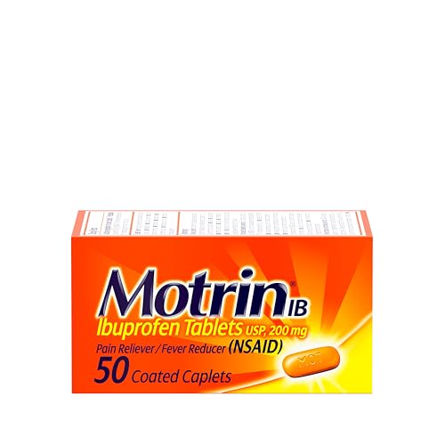 Motrin IB Ibuprofen Tablets Pain Reliever Temporarily Reduces Fever and Relieves Minor Pain Muscle Aches Headache Backache Nonsteroidal Anti-Inflammatory Drug 200 Mg 50 Count