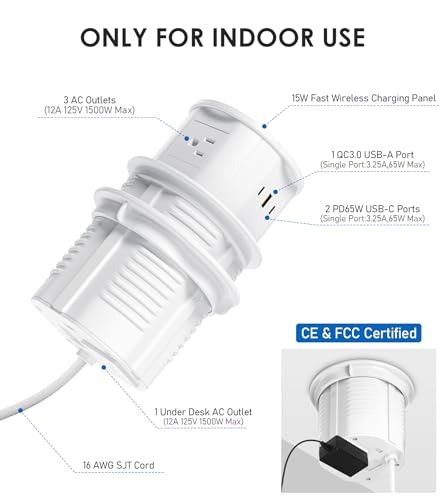 ANNQUAN 4.75" Pop Up Outlet with 65W USB-C,15W Wireless Charger,4 Outlets,3 USB Ports,Pop Up Countertop Receptacle Outlet for Home Office Kitchen - Image 7