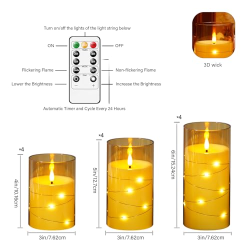 Image of kakoya Flameless LED Candles with Timer 12 Pc Flickering Flameless Candles for Romantic Ambiance and Home Decoration Stable Acrylic Shell,with Embedded Star String,Battery Operated Candles(Gold)