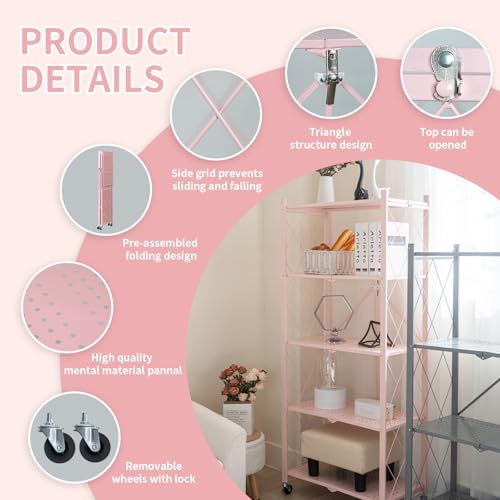 Image of BRIAN & DANY 5-Tier Foldable Storage Shelves with Wheels, Folding Metal Rack Shelving Unit, Heavy Duty No Assembly Organizer Shelf for Garage, Kitchen, Basement, Pantry, Pink