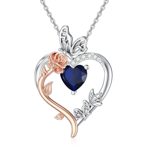 TOUPOP Rose Heart Birthstone Necklace 925 Sterling Silver Heart Butterfly Pendant Love Jewelry Birthday Christmas Gifts for Women Her