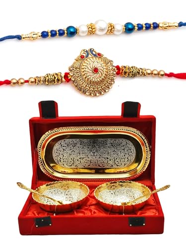 Image of CraftVatika Premium Rakhi Gift Brother | Rakhi for Brother with Gift Silver Gold Plated Bowl Set | Handmade Beads Metal Peacock for Men Boy Bro /Bhaiya /Bhai (2 Rakhi with Double Bowl) (Silver Gold)