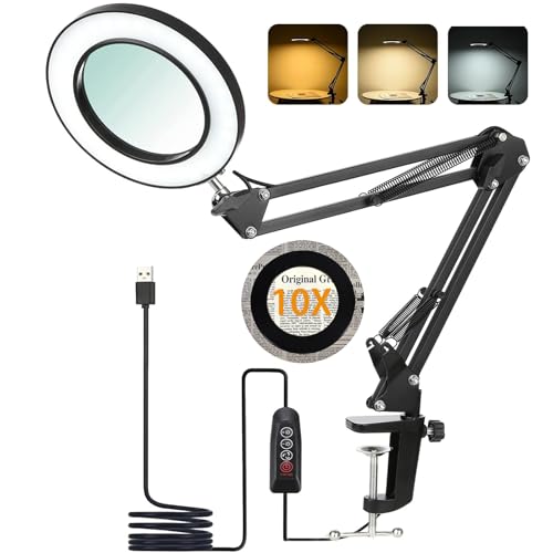 Lámpara Lupa LED 10X con Luz,72 Leds,3 Modos de Color,10 Niveles de Brillo,Brazo Articulado Flexible,Lupa con Pinza y Base para Lectura,Costura,Reparación,Manualidades,Negro