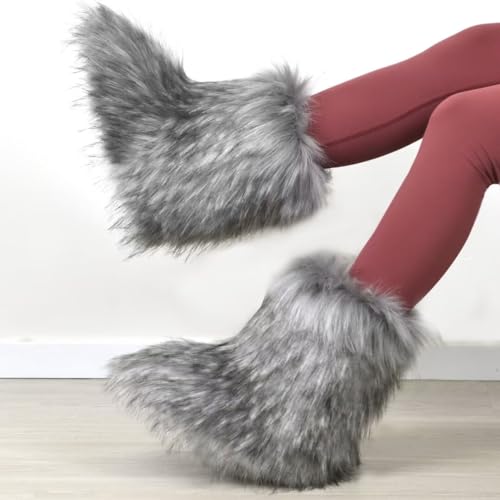 Image of Fashion Fur Boots,Flat Heel Comfy Plush Warm Snow Booties,2025 Winter Outdoors Furry Boots,Mid-Calf Faux fur Boot for Women.