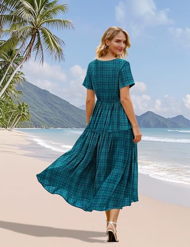 Image of YESNO Women's Summer Maxi Dresses Casual Floral Short Sleeve V Neck Boho Beach Vacation Swing Dress with Pockets EVF