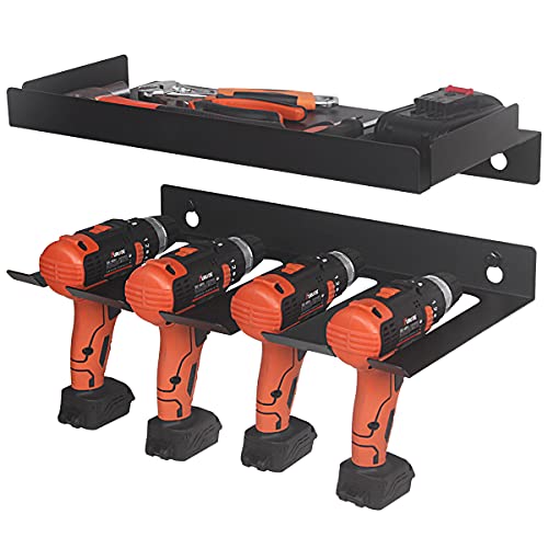 Power Tool Organizer, Butizone Wall Mount Drill Holder with Storage Shelf, Heavy Duty Metal Cordless Drill Rack for Garage, Home, Workshop, Holds 4 Drills and Batteries, Father's Day Gift