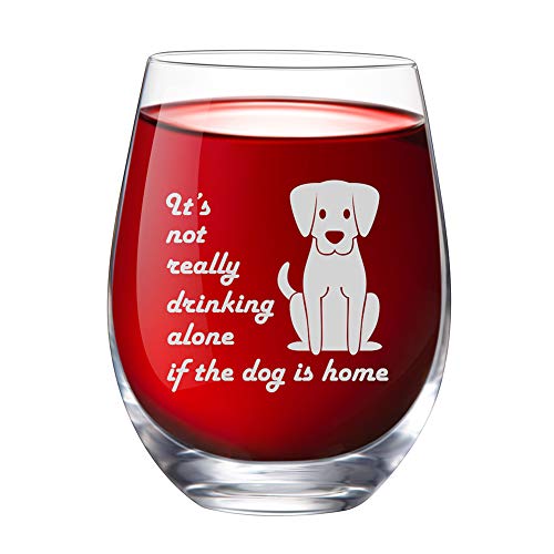 IFOLAINA Weinglas ohne Stiel, 425 ml, Kristallbecher mit Sprüchen "It's not Really Drinking Alone if the Dog is Home", perfektes Geschenk für Hundeliebhaber