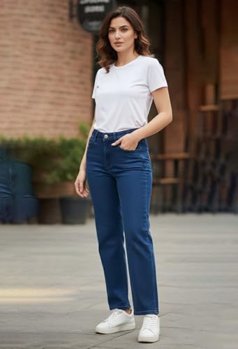 Image of KOTTY Women's High Waist Wide Leg Button Coin Pocket Straight Fit Jeans Stylish Regular to Plus Size Fit Denim Jeans for Women