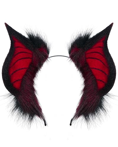 BNLIDES Handmade Bat Beast Ears Headband Adult Cosplay Costume Accessories for Halloween Anime Con Stage Performance (Black Red)