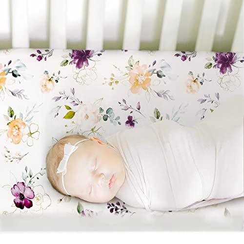 Image of GRSSDER Soft Muslin Crib Sheet 1 Pack, 100% Cotton Crib Sheets for Boys and Girls, Fit Standard Crib Mattresses 52 inch x 28 inchSafe and Snug, Stylish Purple Flora Pattern