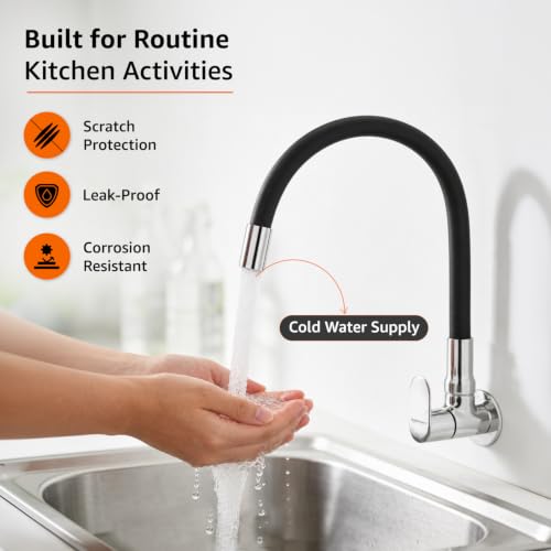 Image of Amazon Basics Flexible Spout Kitchen Faucet | Cold-Only Single Lever Sink Tap with 360 Degree Swivel and Bendable Spout | Kitchen Use | Black and Chrome