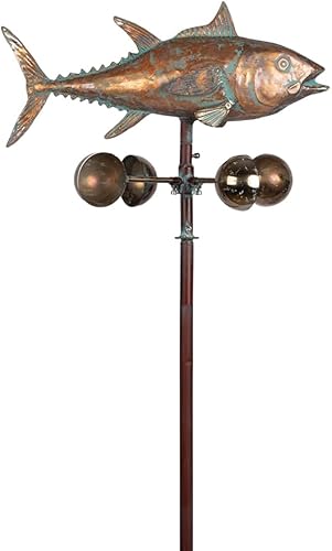 Miniatura 7 de Molinillo de viento de atún de metal para exteriores, 70 x 21 pulgadas, escultura de viento de pez azul de metal grande, arte de patio, estatuas