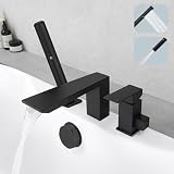Hoimpro Matte Black Bathtub Faucet Set, Deck Mount Brass Roman Waterfall Spout Bath Tub Faucet with Valve, 3 Holes Widespread Tub Filler with Pull Out 2 in 1 Hand Shower Handheld Sprayer Wand