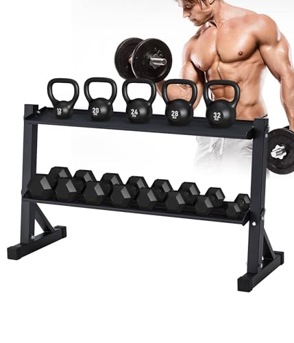 2-Tier Dumbbell Kettlebell Rack Heavy Duty Steel Frame 48 x 17.5 x 27.5 Inches 1000 lbs Weight Capacity for Kettlebell and Free Weight Storage Home Gym Organization