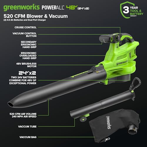 Greenworks 48V (24V x 2) Cordless Brushless Leaf Blower/Vacuum (520 CFM / 240 MPH) with Bag, Powerful & Efficient for Yard Debris Cleanup, Includes (2) 4.0Ah Battery & Dual Port Charger