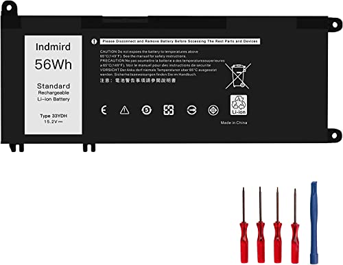 Indmird Laptop Batterie 33YDH pour Dell Inspiron 17 7778 7779 7773 7786 15 7577 G3 3579 3779 G5 5587 G7 7588 Latitude 13 3380 14 3490 15 3580 3590 Vostro 7570 7580 Replacement PVHT1 81PF3[15.2V/56Wh]