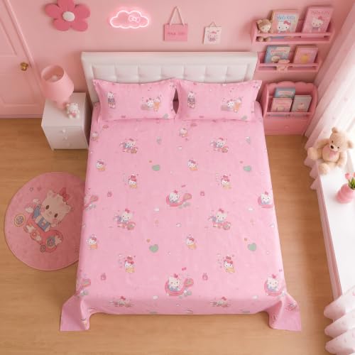 Image of Filymore Kids Double Bedsheet with 2 Pillow Covers | Cartoon Kitty Printed Bed Sheet for Double Bed | 240 TC Soft Microfiber Bedding Set | 90 x 90 Inch Bedspread | Pink & White