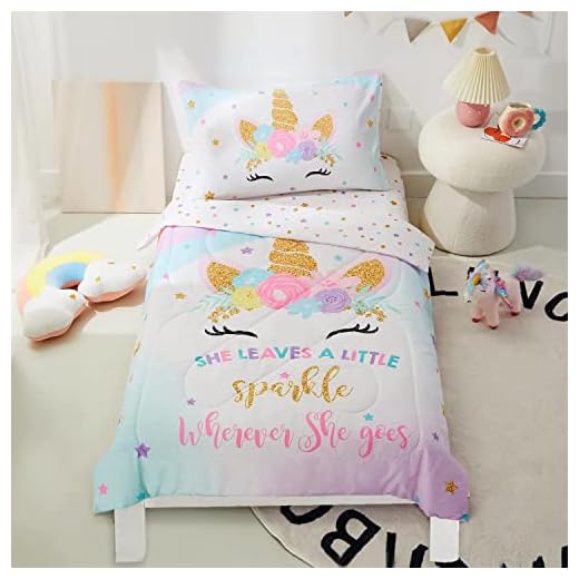 PINNKKU 4-Piece Toddler Bedding Set, Includes 1 Flat Sheet, 1 Fitted Sheet, 1 Comforter and 1 Reversible Pillowcase, Standard Toddler Comforter & Sheet Set, Ultra Soft Toddler Bed Set, Unicorn