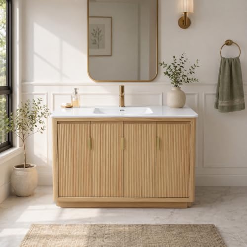 Image of 48 Inch Freestanding Bathroom Vanity with Ceramic Sink, Striped Vanity Cabinet with Four-Door Storage & Gold Pull Handles, Natural Wood