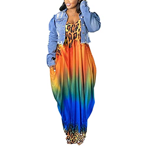 Image of BFFBABY Womens Summer Suspender Maxi Dress Plus Size Striped Printed Sleeveless with Pockets and Belt