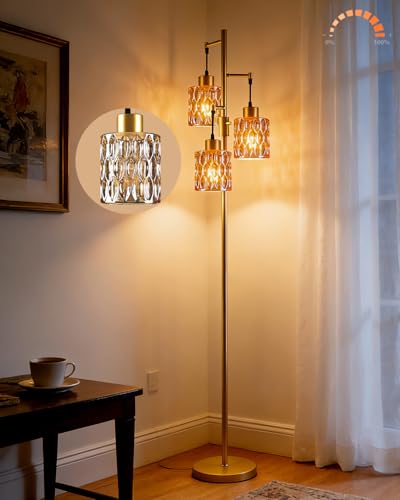 Image of 3-Light Modern Glass Floor Lamp, Gold Standing Tall Lamp with Amber Cylinder Glass Shade for Reading, Dimmable LED Floor Lamp with 5Lbs Heavy Base for Living Room Bedroom Home Decor, Bulb Included