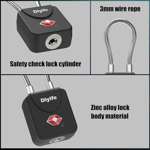 Diyife Luggage Locks TSA Approved, Flexible Steel Cable, Easy to Set Up | 3-Digit Combination Suitcase Locks, Small TSA Locks for Luggage, Travel, Bag, Backpacks, Zinc Alloy Body, (Black, 2 Pack) - View 5