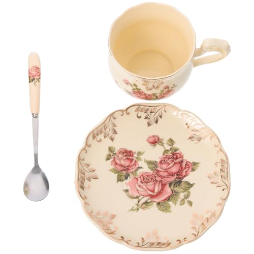 Ensemble de 3 tasses à café rétro céramique émaillée décor floral avec soucoupe et cuillère