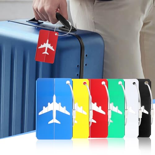 O OLAX 6 Stück Kofferanhänger Aluminium – Gepäckanhänger in 6 Farben mit Adressschild & Edelstahldraht, Namensschilder für Koffer, Rucksack, Reisetasche, Luggage Tags für Flugreise