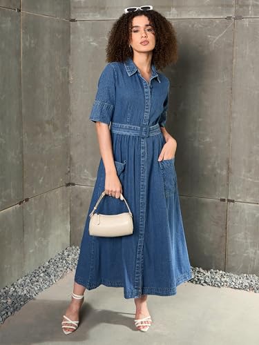 Image of Sassafras Women's A-Line Fit & Flared Half Sleeves Denim Belted Maxi - Casual Streetwear Denim Dress