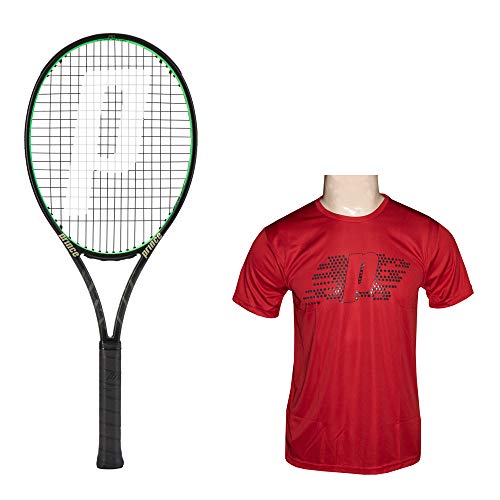 Image of Prince Tennis Racket Graphite Txt2 Tour 100 (290 Grams) With Round Neck Tshirt Red Size M