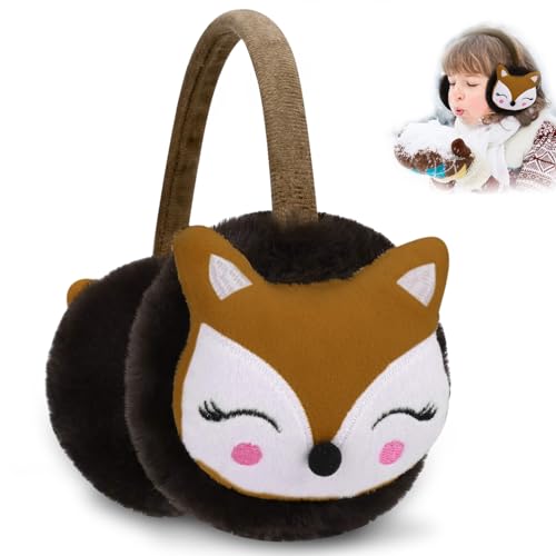 Uoimky Ohrenwärmer Kinder, Ohrenschützer Kinder Winter Cartoon Fuchs Motiv Ohrenwärmer Winddicht Warm Flauschig Einstellbar Plüsch Ohrenschützer für Mädchen, Braun