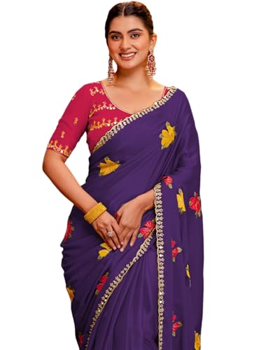 Image of SIRIL Women's Embroidery, Mirror Work, Scalloped Border Shimmer Georgette Saree With Unstitched Blouse Piece