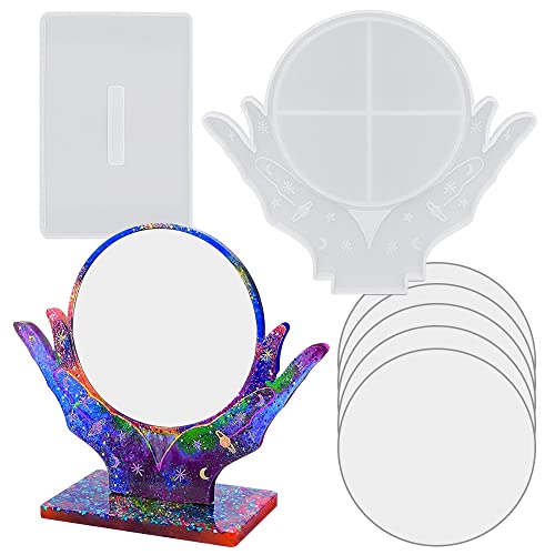 Support de Miroir de Maquillage 3D Moule en résine miroirs cosmétiques en Forme de 2 Mains moules en Silicone Fabrication de Bijoux Support de Stockage moules de coulée époxy avec 5 pièces Miroir Cover