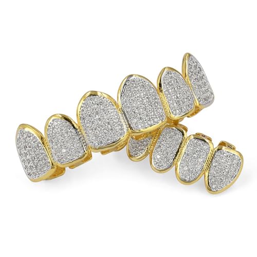 JINAO Grillz Grills for Your Teeth Simulated Diamond Teeth Grillz with Extra Molding Bars Included 18K Gold Plated All Iced Out Cubic Zirconia Golden Teeth for Men Women3