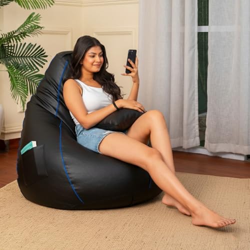 Image of Sattva Classic 2XL Sofa Style Bean Bag Chair with Beans Filled | Faux Leather Bin Bags Sofa Set Chair with Beans Filling | Beam Bag, Large Beanbags for Home & Office - Black with Royal Blue Piping