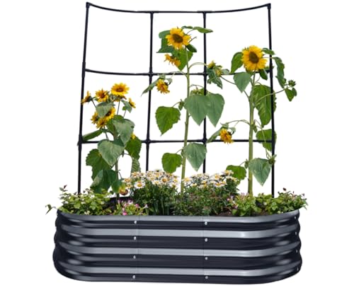 KING BIRD Raised Garden Bed with Wall Trellis Galvanized Planter Garden Box Outdoor for Gardening, Climbing Vegetables, Flowers 3.94x2.95x0.98 Ft, Dark Grey