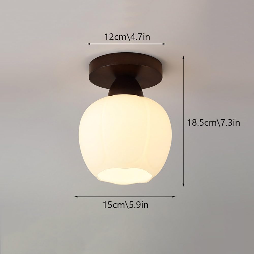 Półwpuszczana drewniana lampa sufitowa ze szklanym kloszem - Minimalistyczna lampa wewnętrzna do przedpokoju, kuchni, sypialni i biura (kolor orzech)