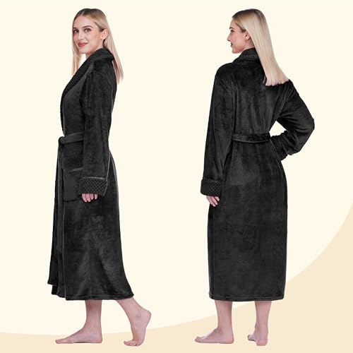 Image of PAVILIA Women's Plush Fleece Robe, Soft Cozy Long Bathrobe with Satin Waffle Trim, Warm Lightweight, Pockets & Tie Belt