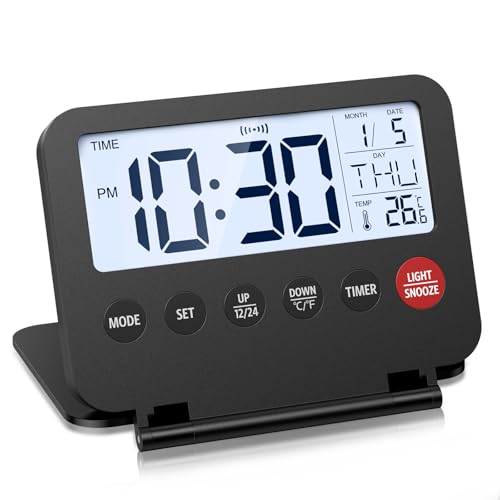 Olipiter Small Digital Travel Alarm Clock, Black, Foldable Calendar Temperature Timer LCD Desk Clock, Snooze, 9 Alarm Sounds, Backlight, AAA Battery Operated Digital Clock for Home & Office, Travel