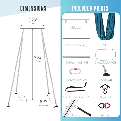 Houseables Aerial Silks, Aerial Yoga Stand, Yoga Swing Stand, Ariel Silks For Home, Ariel Swing, 10 FT Steel Frame, 13 YD Teal Fabric, Hammock, Gymnastics, Acrobatics, Indoor, Equipment Set, Portable